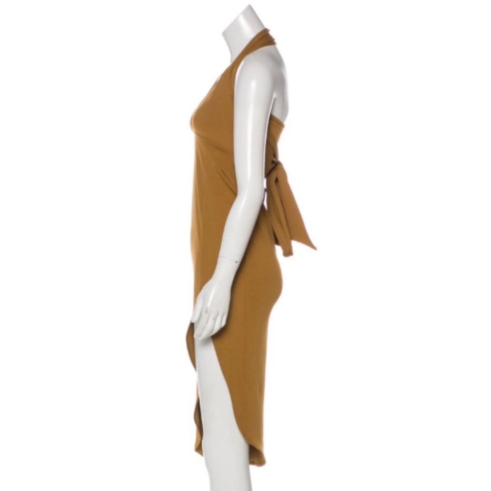 House of Harlow Elegant Tan Halter Dress MIDI Asymmetrical Side Slit Dress! - Picture 3 of 8